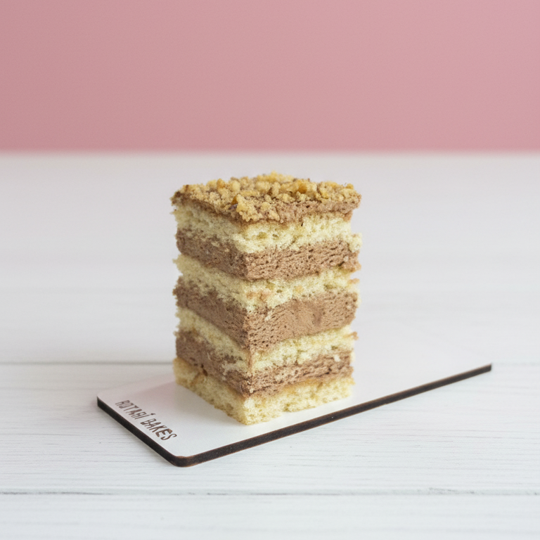 
                  
                    Layered dobos cake on a white plate with a pink background
                  
                