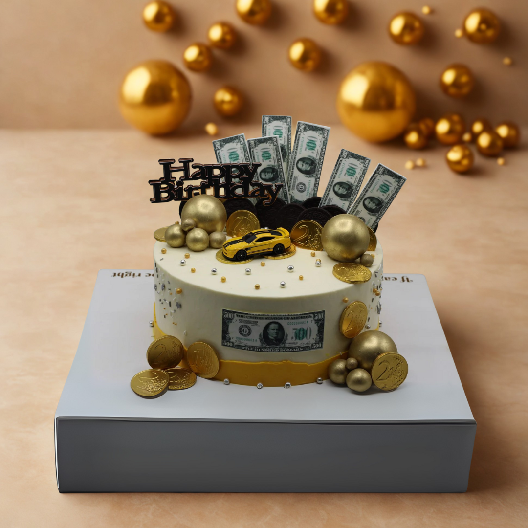 Birthday cake with dollar bills, gold coins, and a toy car on top, surrounded by gold balls.