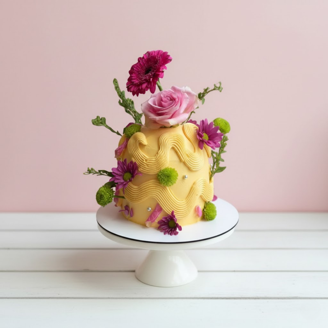 dome theme fresh flowers cake with floral elements on a white stand against a pink background