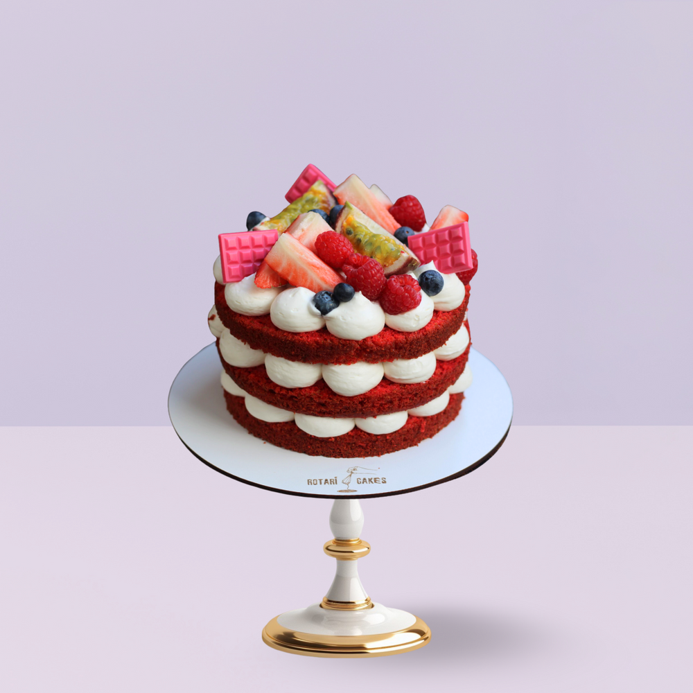 Mini Naked Red Velvet Cake with creamy cream cheese frosting and exposed layers, ideal for birthdays and intimate celebrations.