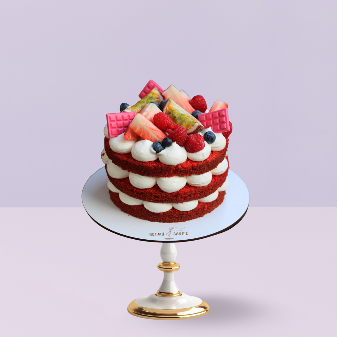 Mini Naked Red Velvet Cake with creamy cream cheese frosting and exposed layers, ideal for birthdays and intimate celebrations.