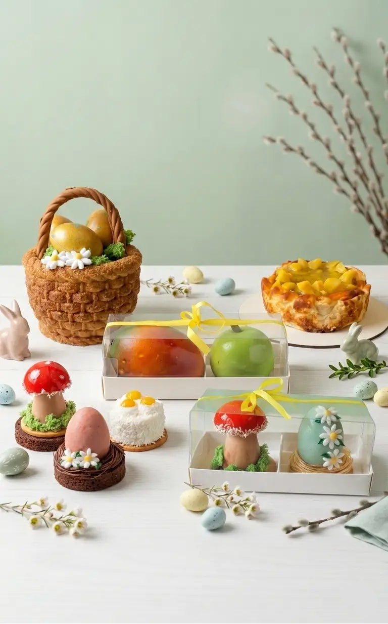 Easter-themed treats including eggs, mushrooms, and a basket on a light green background in nottingham