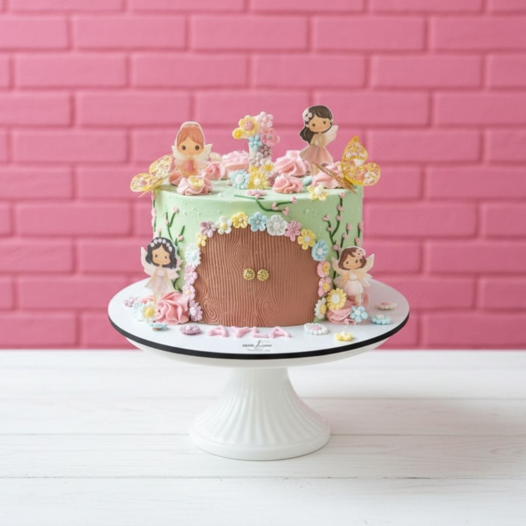 Decorative cake with fairy figures on a white pedestal against a pink brick wall.