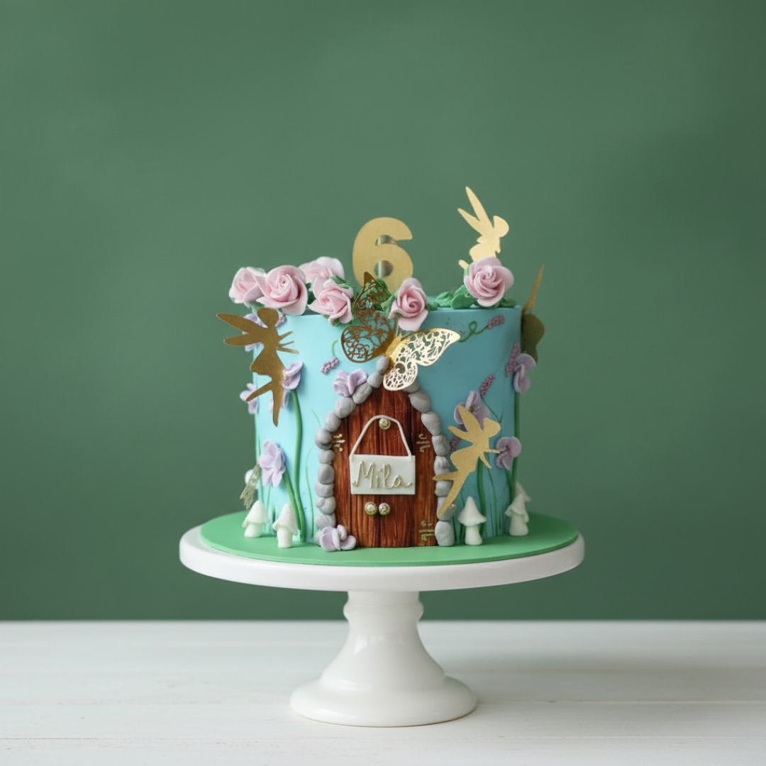fairy cake with butterflies and fairy figure