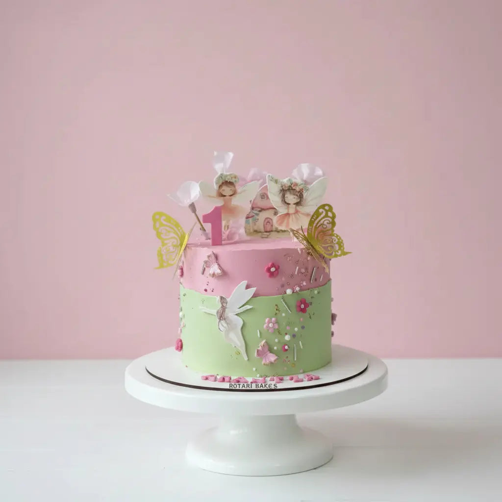 Fairy theme cake in pink and green colour for girls birthdays specially 1st birthday cake