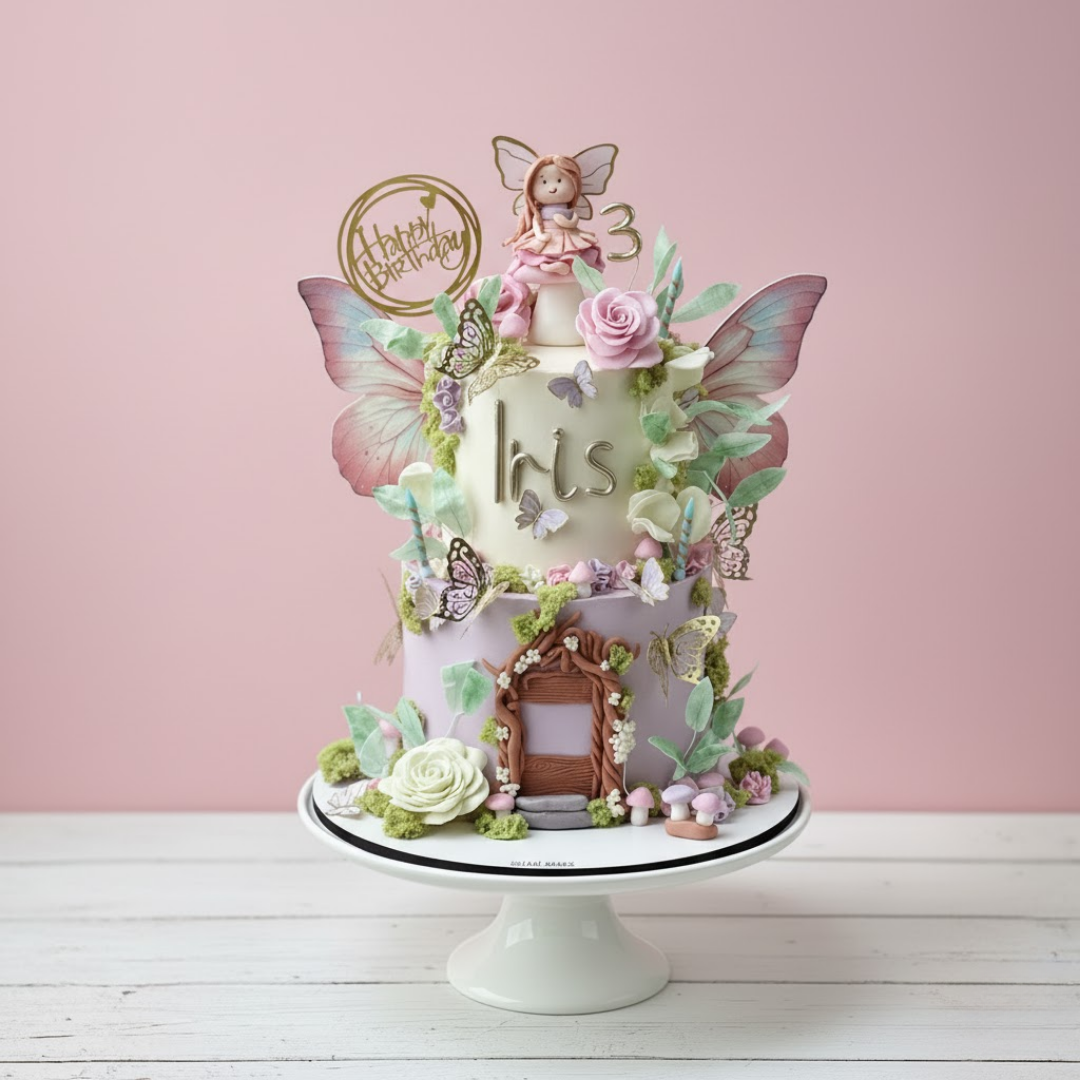 Decorative fairy cake with fairy, butterflies, and flowers on a pink background