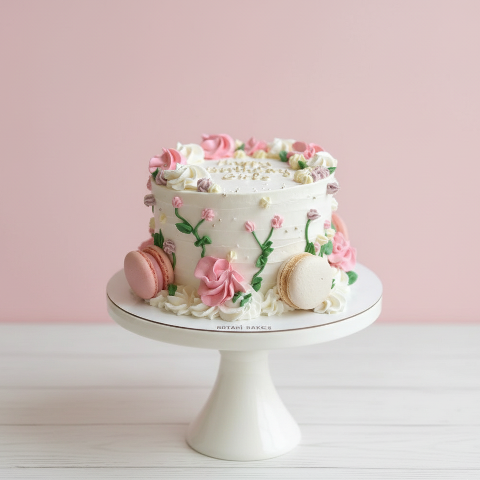 Decorative cake with pink flowers and macarons on a white stand against a pink background
