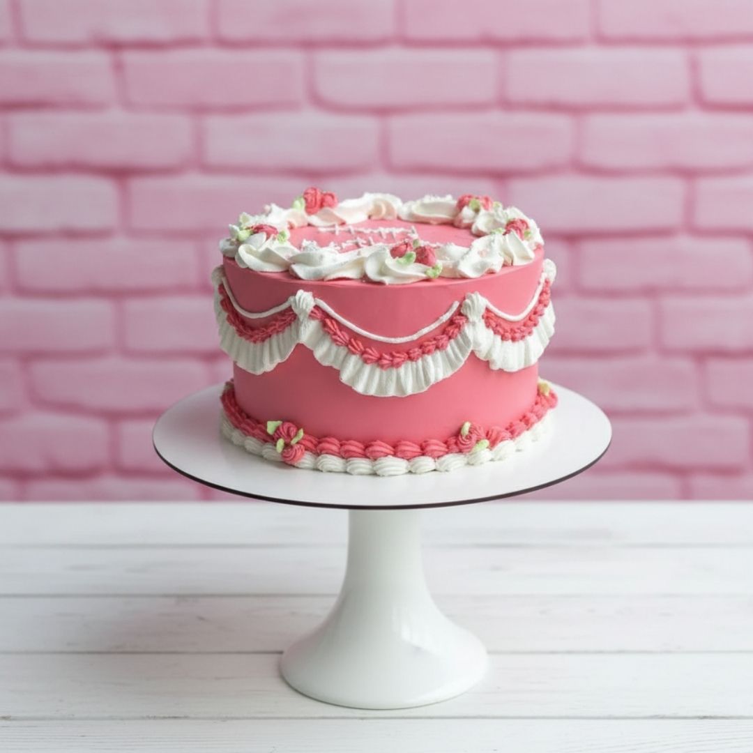 Pink cake with white frosting on a white pedestal stand against a pink brick wall.