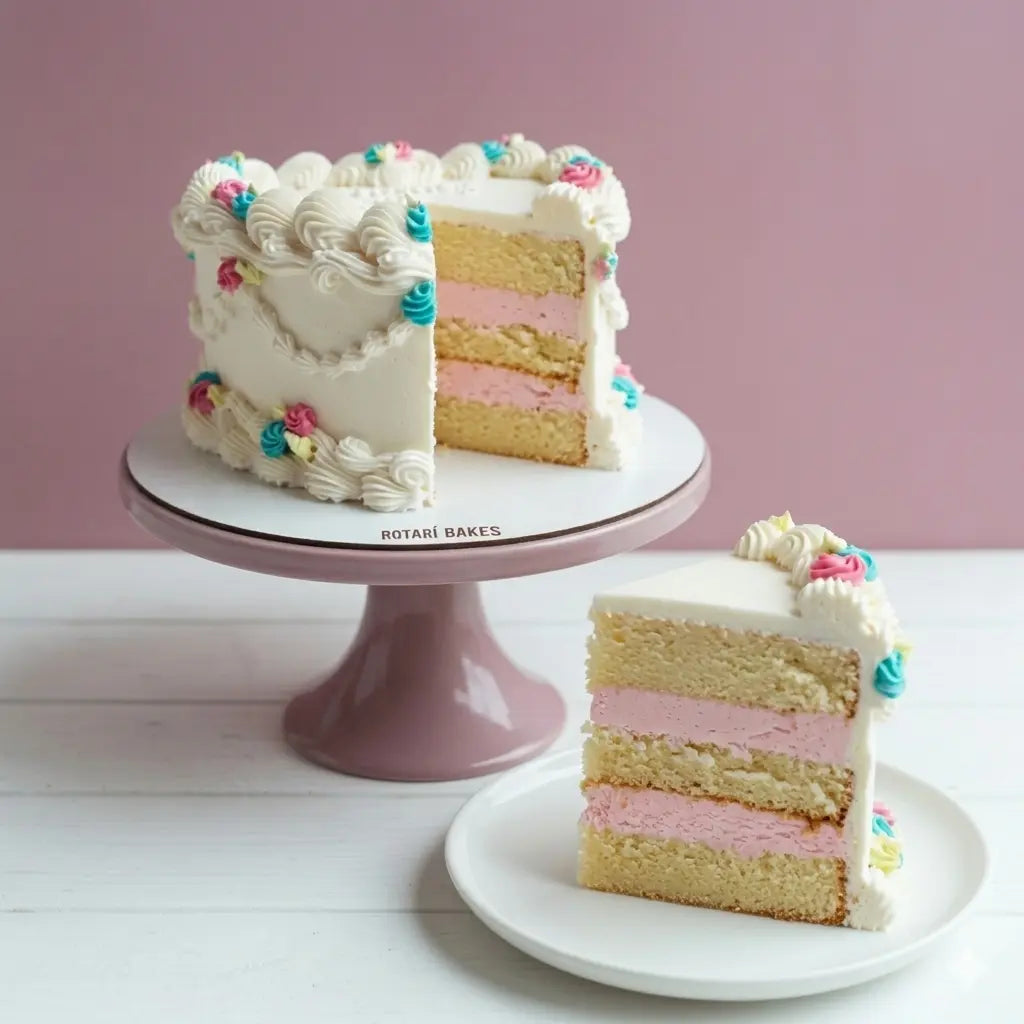 gender reveal cake heart shape sliced with pink cream inside of it