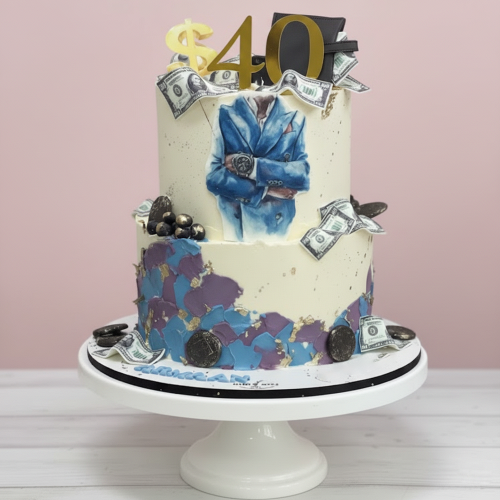 luxury men cake with a man in a suit, money, and '40' on top, on a white stand against a pink background.