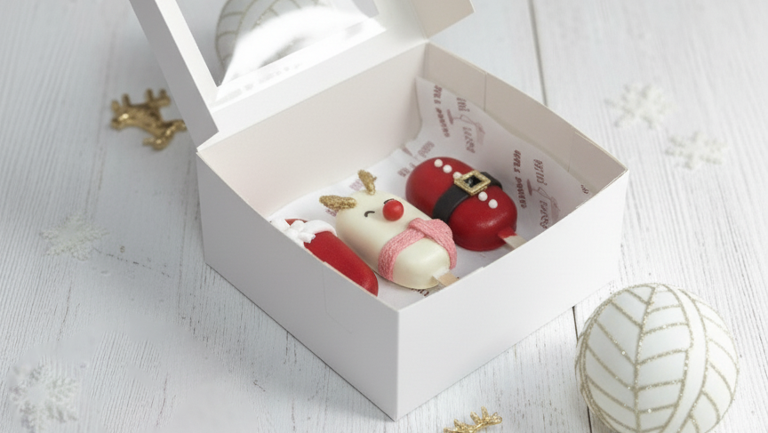 Decorative Christmas ornaments in a white box with a Christmas tree in the background