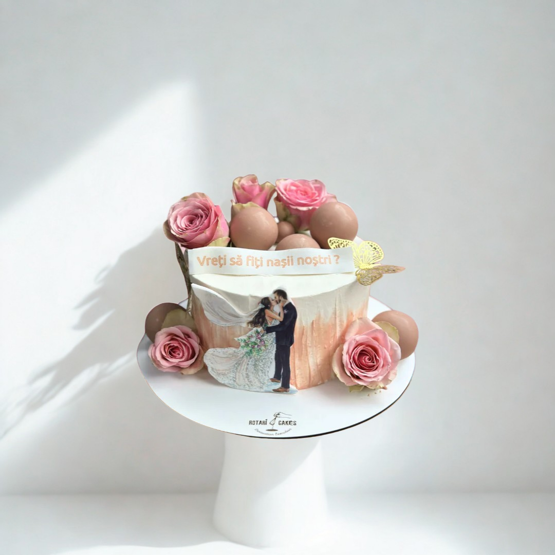 Small cake with pink roses and a printed image of a couple on a white background