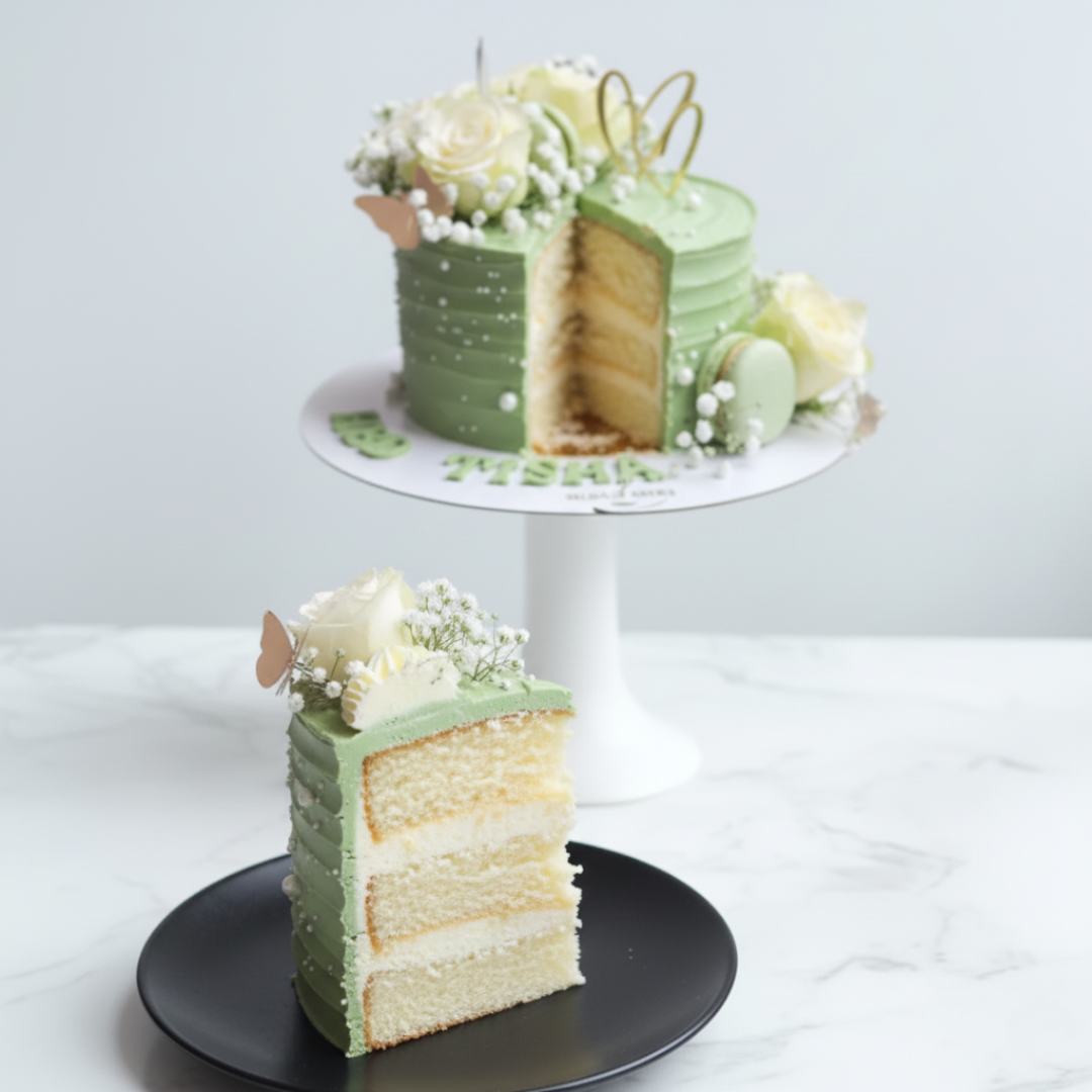green cake with flowers and macarons for birthdays and other celebrations