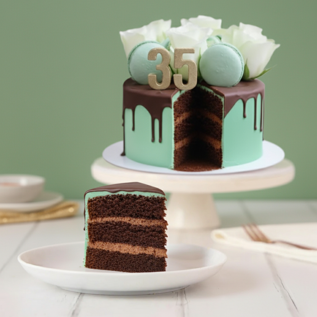 green chocolate cake with chocolate and mint layers, decorated with flowers and number '35', with a slice on a plate.