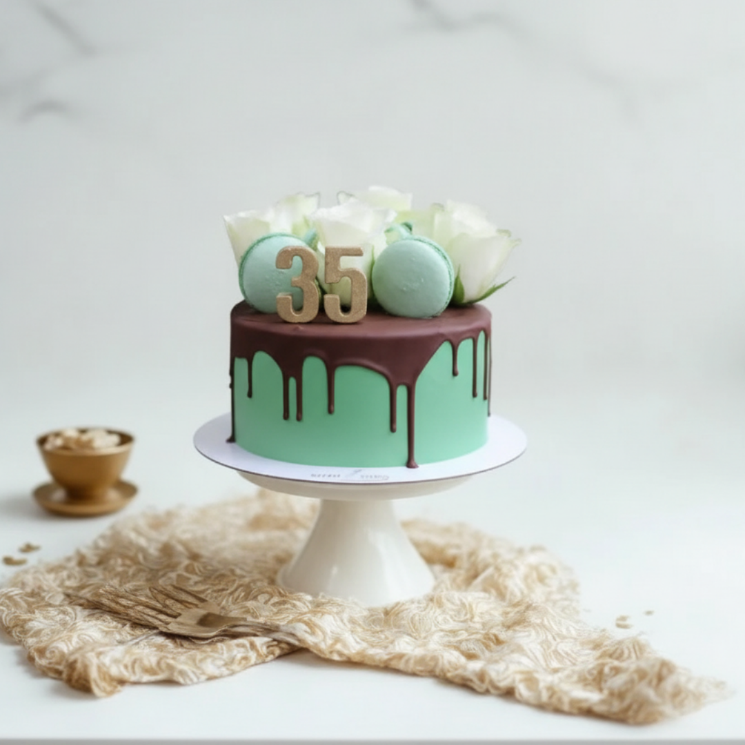 green colour birthday cake with macarons and flowers on top and chocolate drizzled for 35th birthday