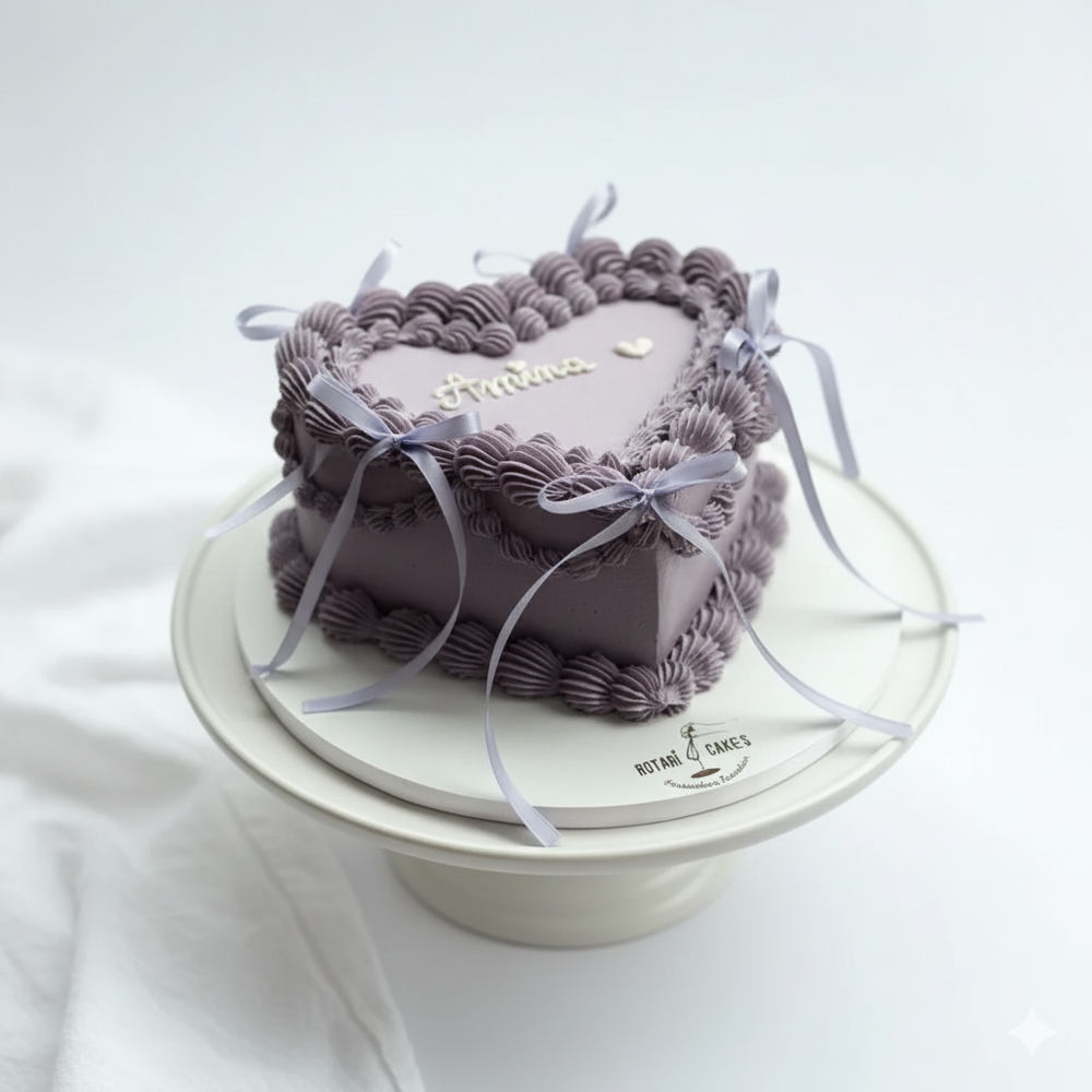 Heart-shaped purple cake with ribbons on a white stand against a light background