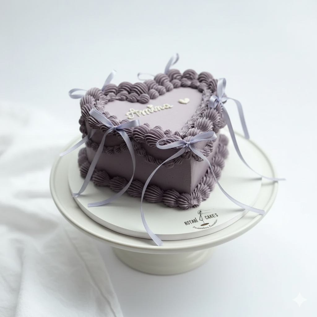 Heart-shaped purple cake with ribbons on a white stand against a light background