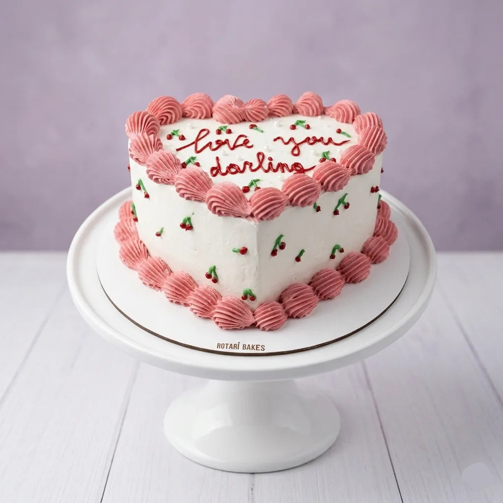 Heart shape cake with cherries design and piping for girls birthdays and other celebrations
