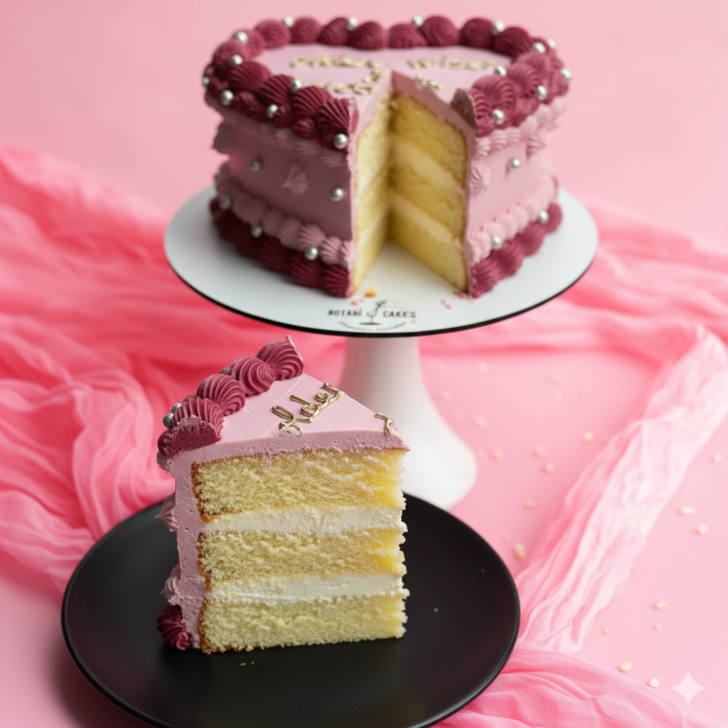 Pink and white cake heart shape with a slice on a black plate against a pink background
