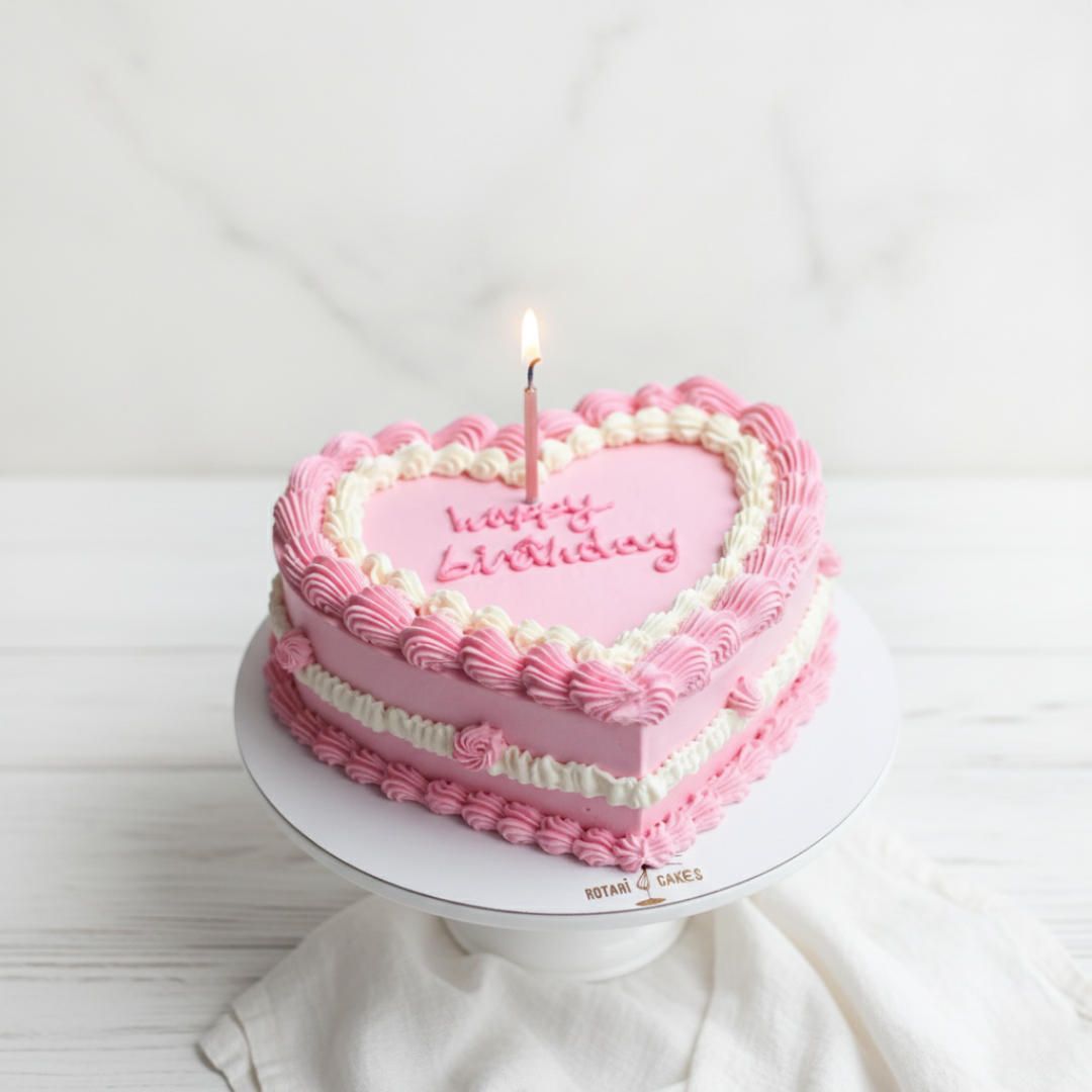 Heart-shaped pink birthday cake with a single candle on a white background