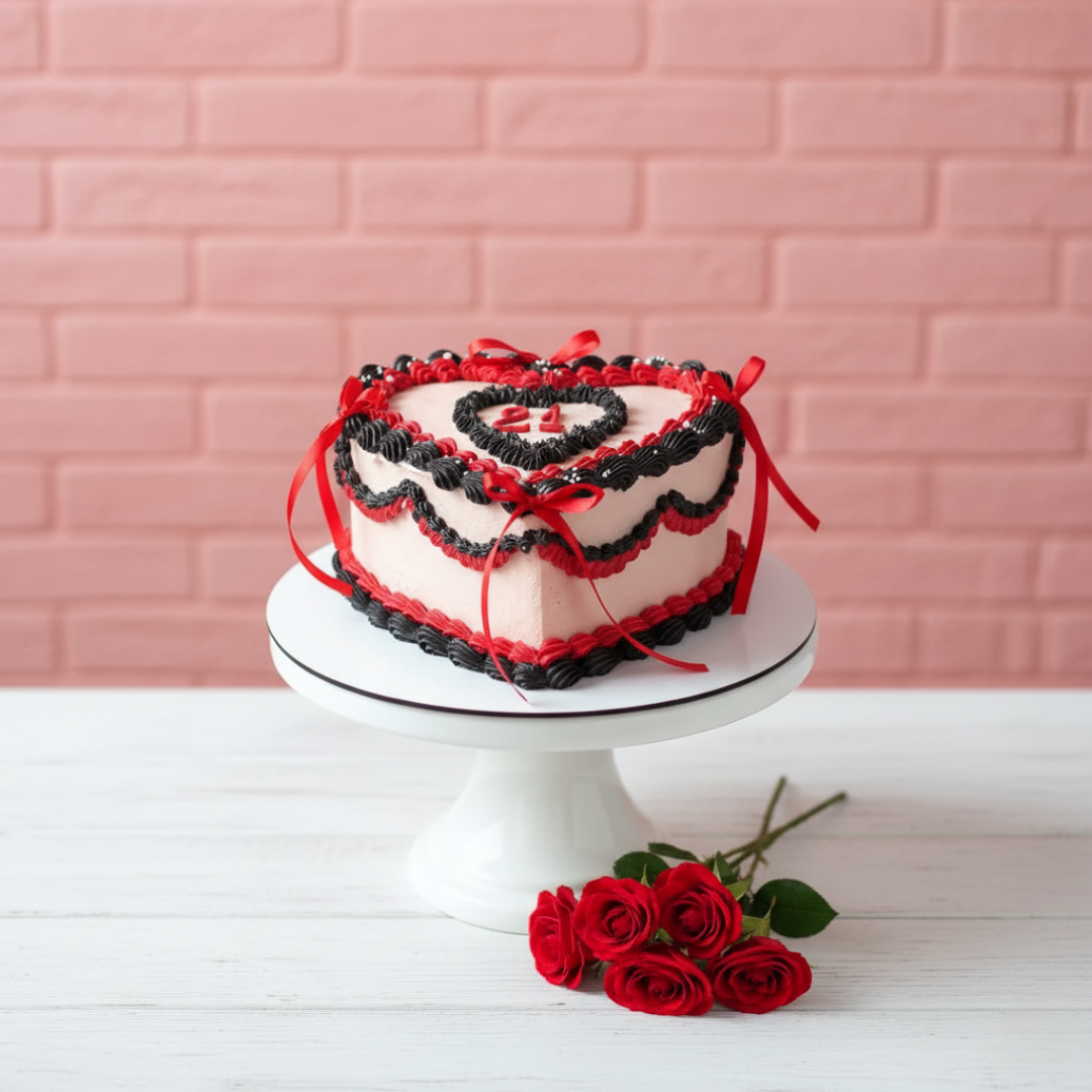 heart shape cake with piping design and red ribbons