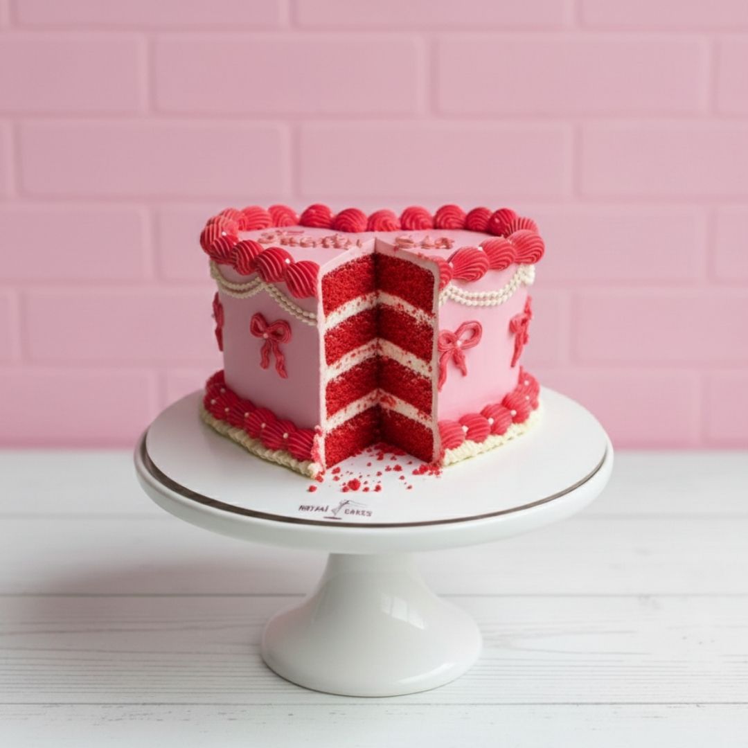 pink cake heart shaped and red piping with ribbons and cherries on top