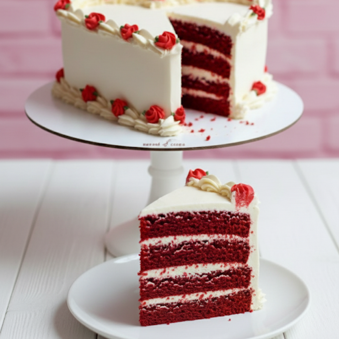 Red velvet cake with white frosting on a white plate and stand against a pink background