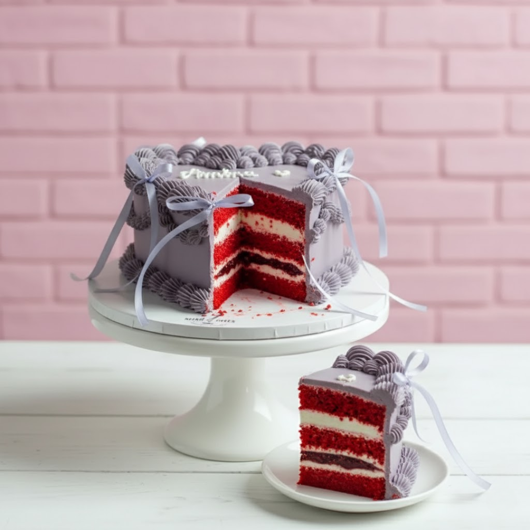 Red velvet cake with gray frosting on a white cake stand against a pink brick wall.