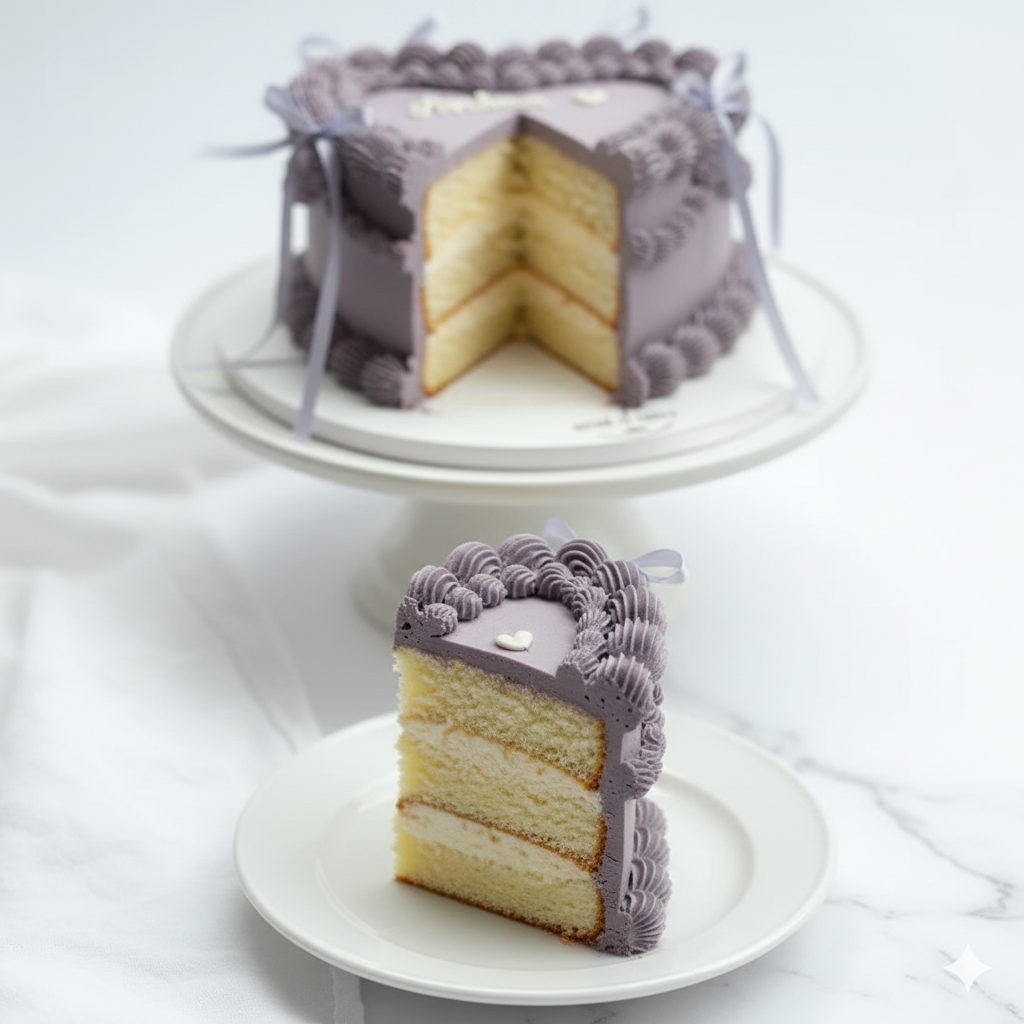 Layered cake with purple frosting on a white stand and plate