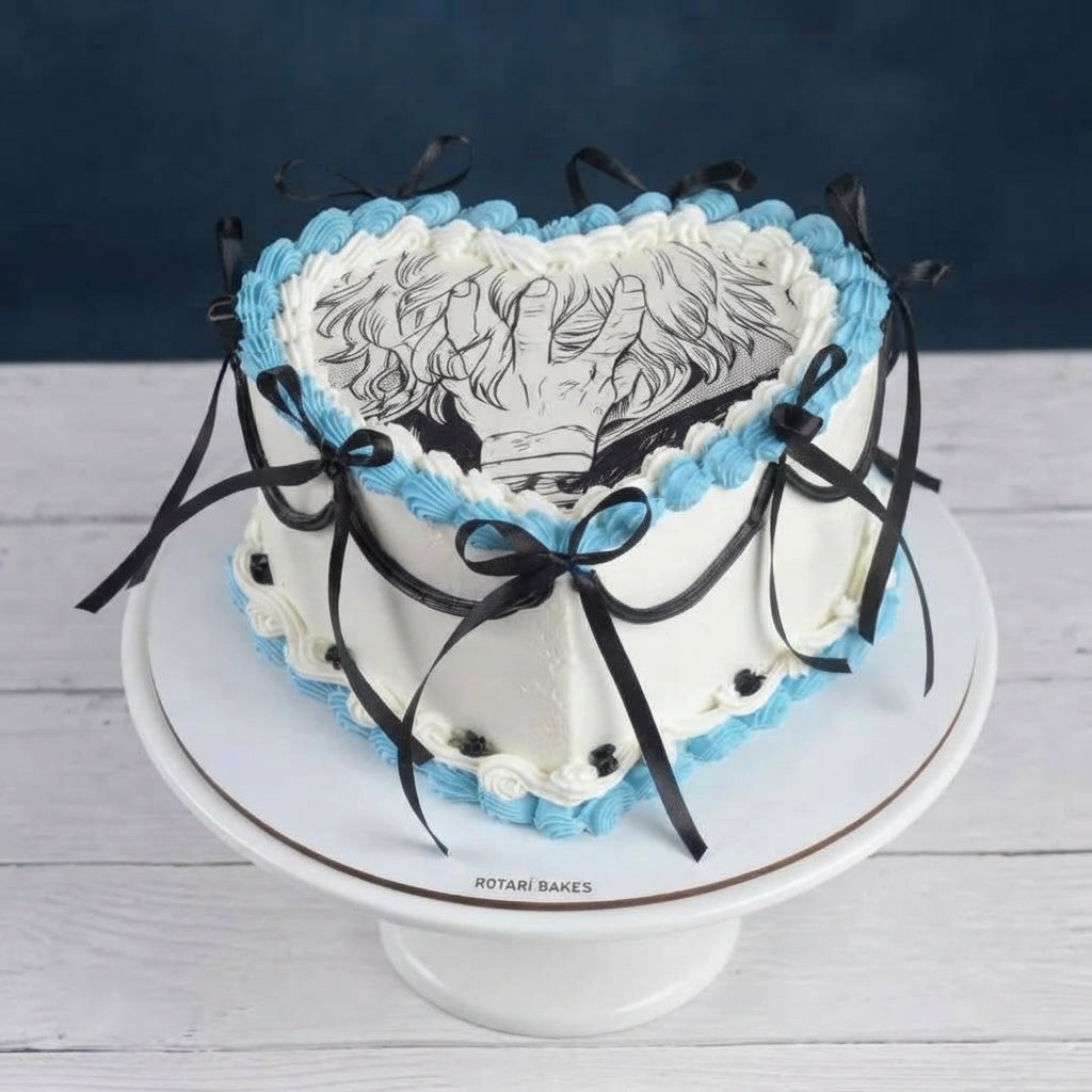 A heart-shaped frosted cake displayed on a white cake stand. The cake is decorated with white icing, light blue piped borders, black ribbon bows, and a black line-art illustration of a hand on top.