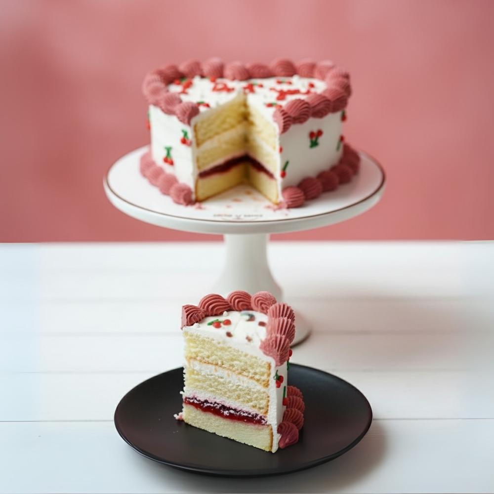 heart shape cake with cherries on top and i love you written