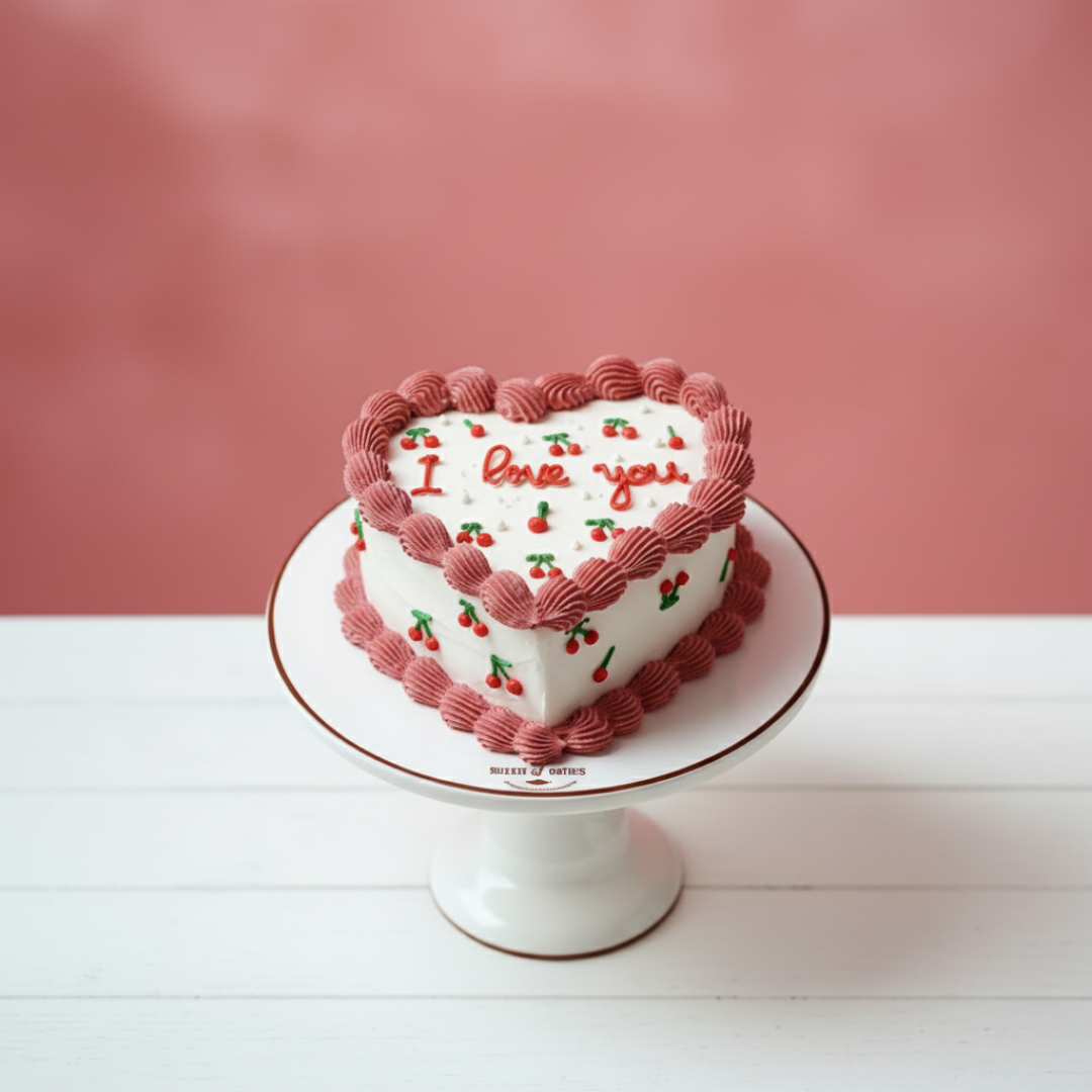 heart shape cake with cherries on top and i love you written
