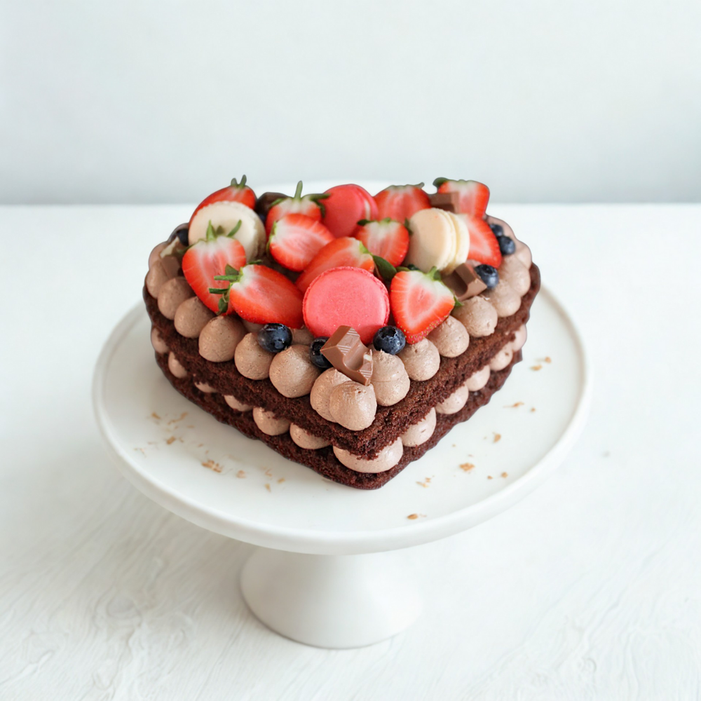 Heart-shaped chocolate cake with berries 