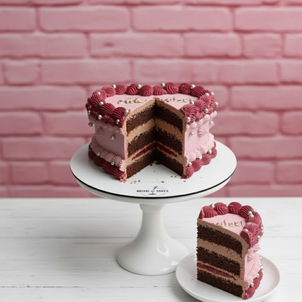 Chocolate & raspberry cake with pink frosting on a white stand against a pink brick wall.