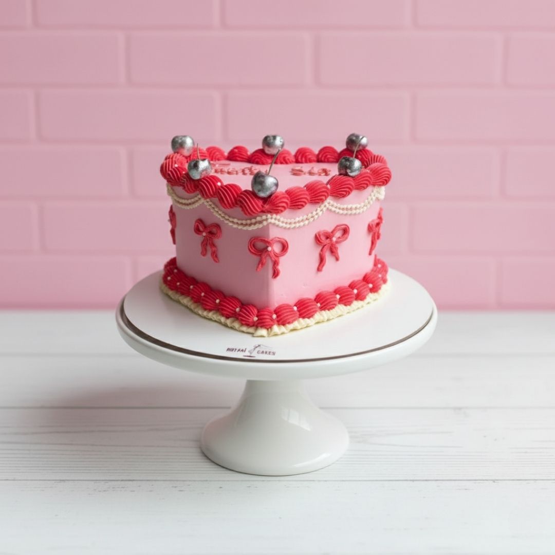 heart shape Pink cake with red ribbons on a white stand against a pink brick wall.