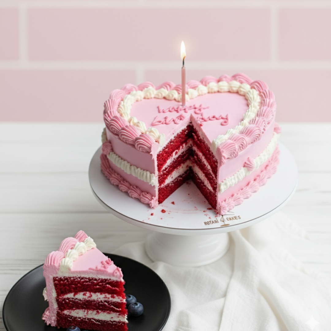 Heart-shaped pink cake with a slice taken out on a white stand against a pink tiled wall.