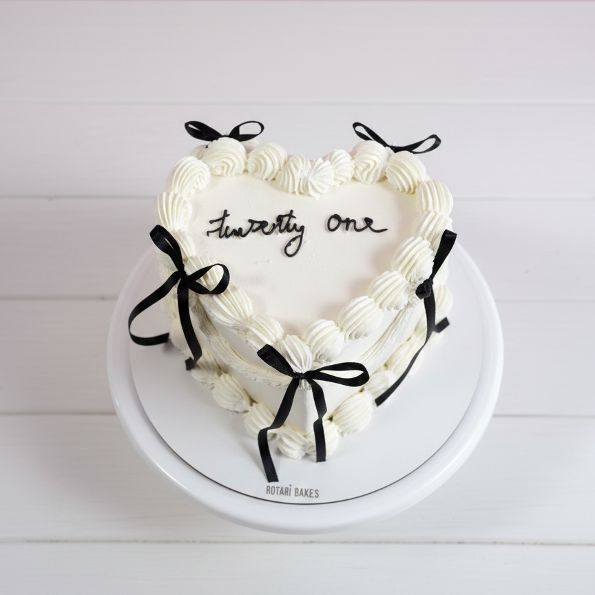 Heart-shaped birthday cake with 'Twenty One' on a white plate against a pink background