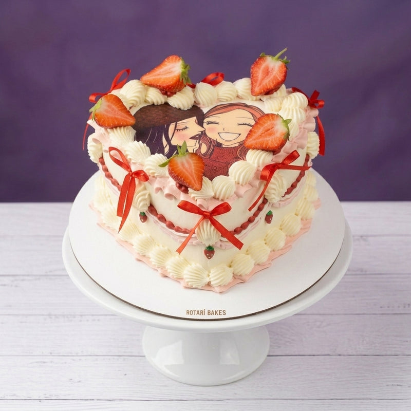 A heart-shaped custom cake with white piped frosting, red ribbon bows, fresh strawberries, and a custom cartoon illustration on top, displayed on a white cake stand against a purple background.