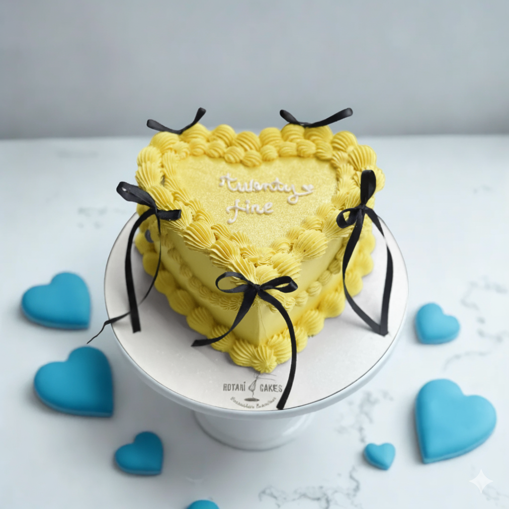 Heart-shaped yellow cake with black ribbons on a white marble surface with blue heart decorations.