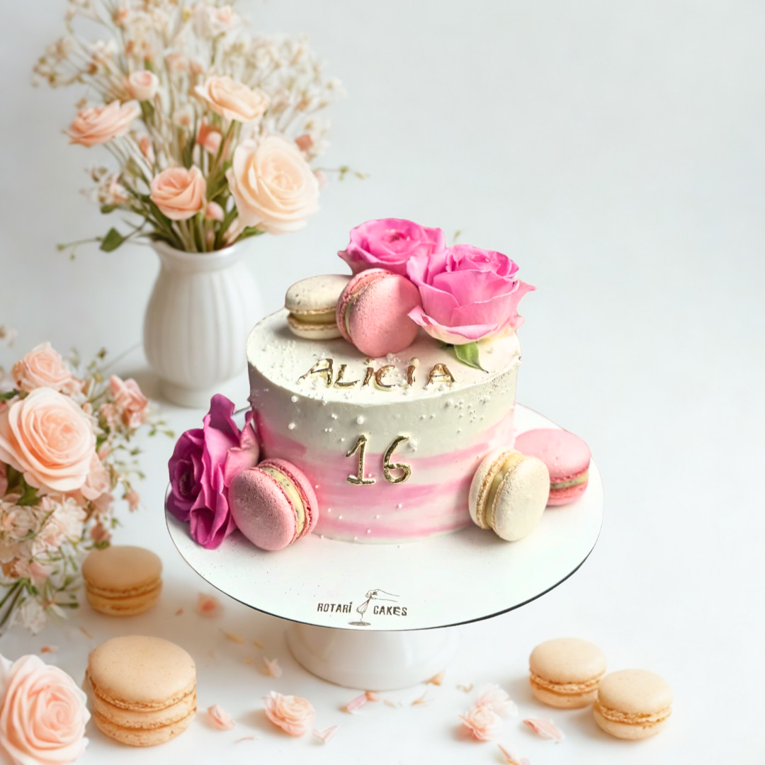 pink cake with macarons and flowers for her 16th birthday and more