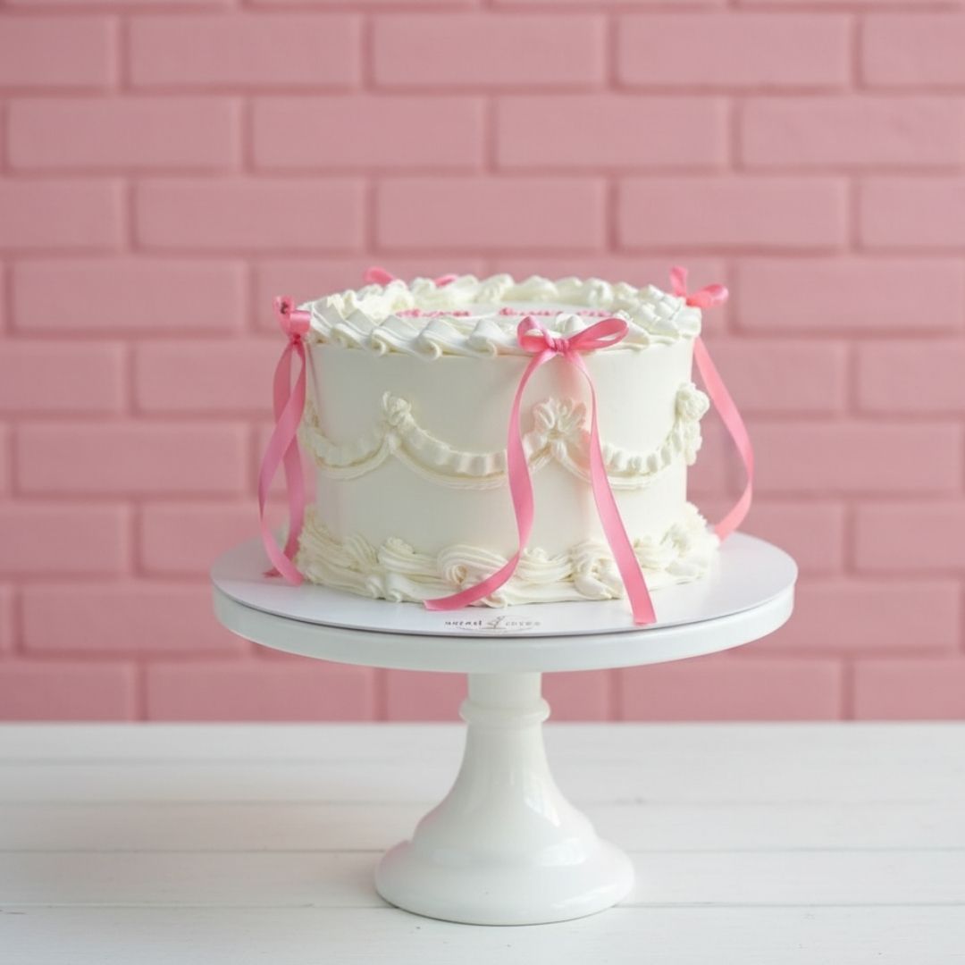 large piping White cake with pink ribbons on a white cake stand against a pink brick wall.