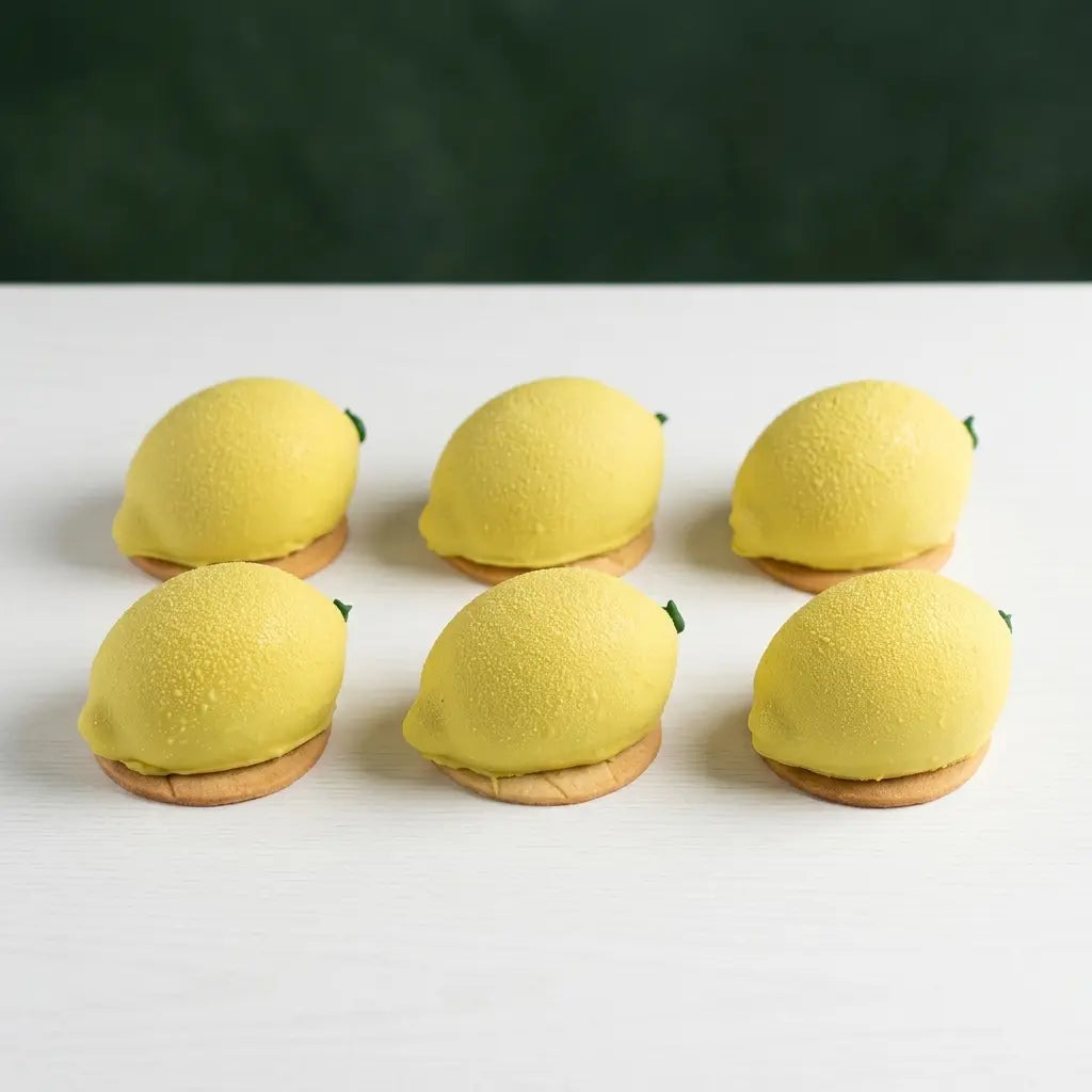 Six lemon-shaped pastries on a white surface with a dark green background