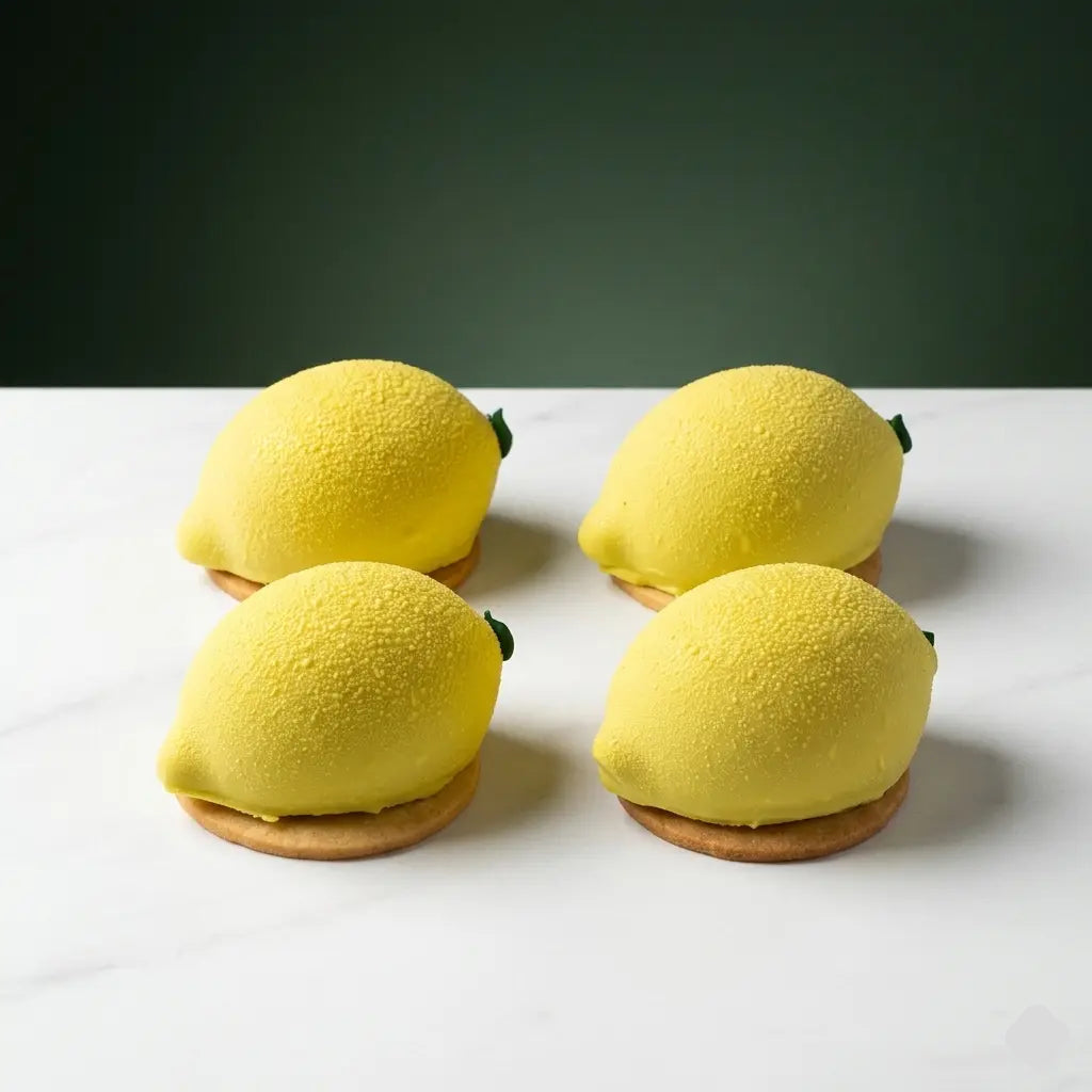 Four yellow lemon-shaped pastries on a white surface with a dark green background