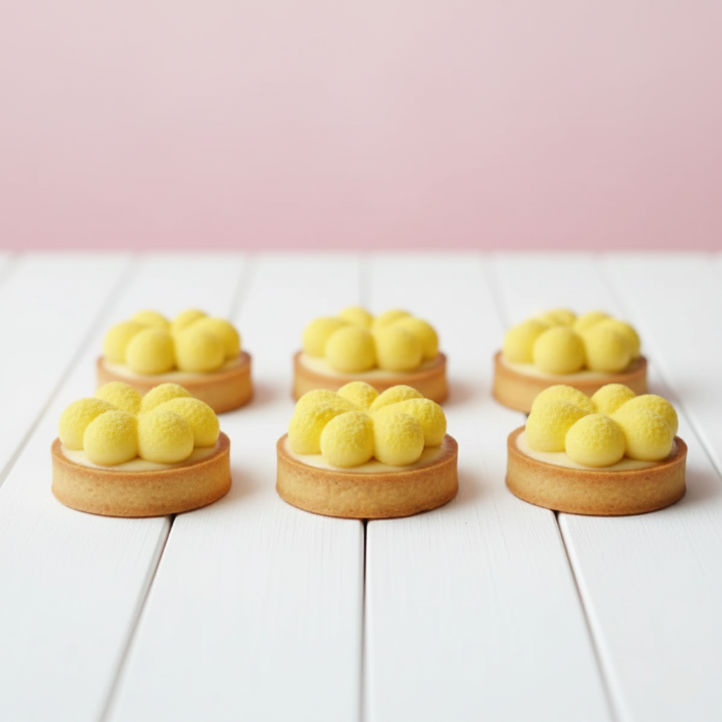 Six small lemon tarts on a white surface with a pink background