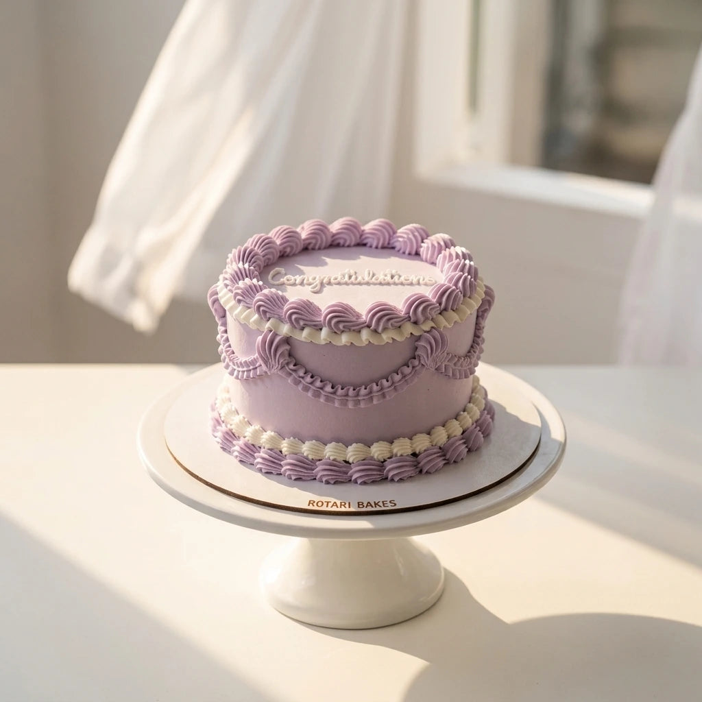 A lavender and white frosted birthday cake with piped borders, displayed on a white cake stand with 'ROTARI BAKES' printed on it, set against a softly lit background with white drapery.