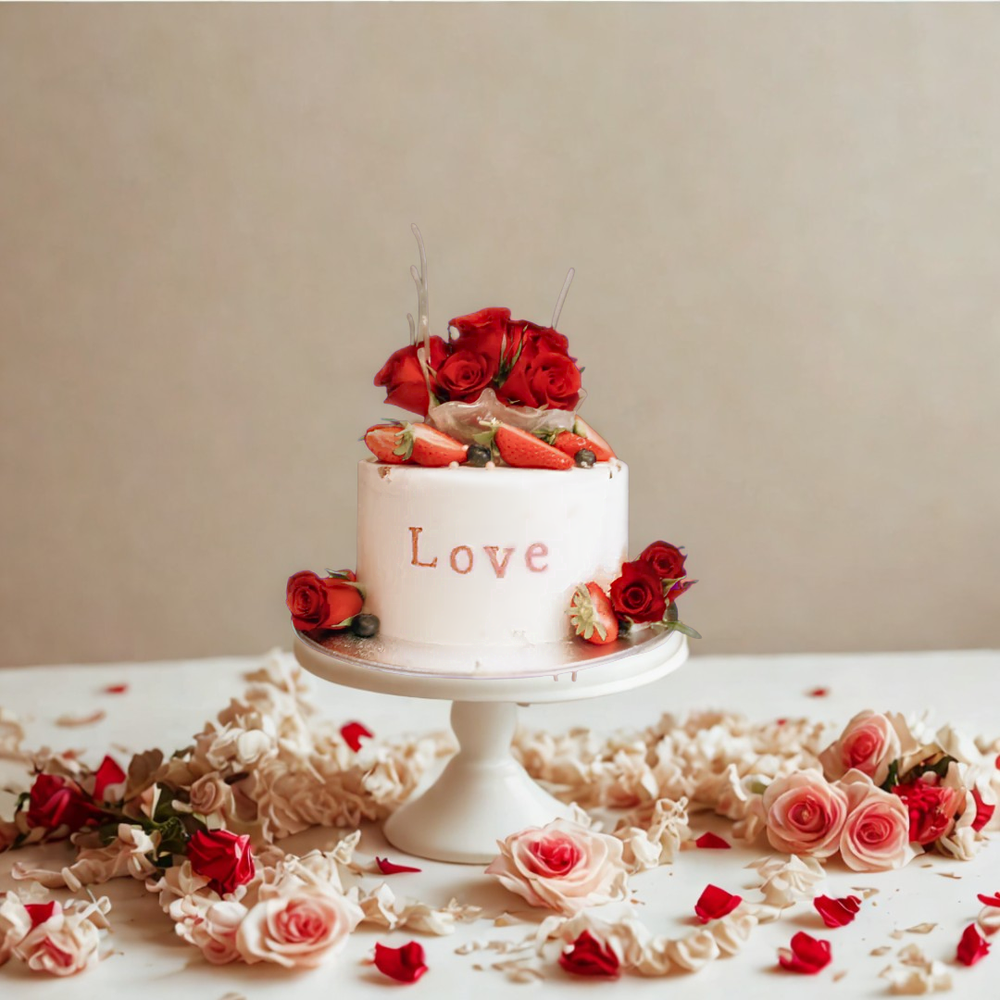
                  
                    White cake with red roses and strawberries and love
                  
                