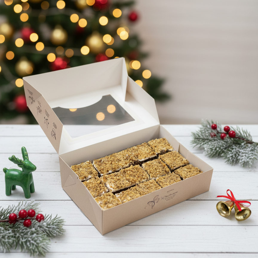Box of sliced christmas cake with a Christmas tree in the background