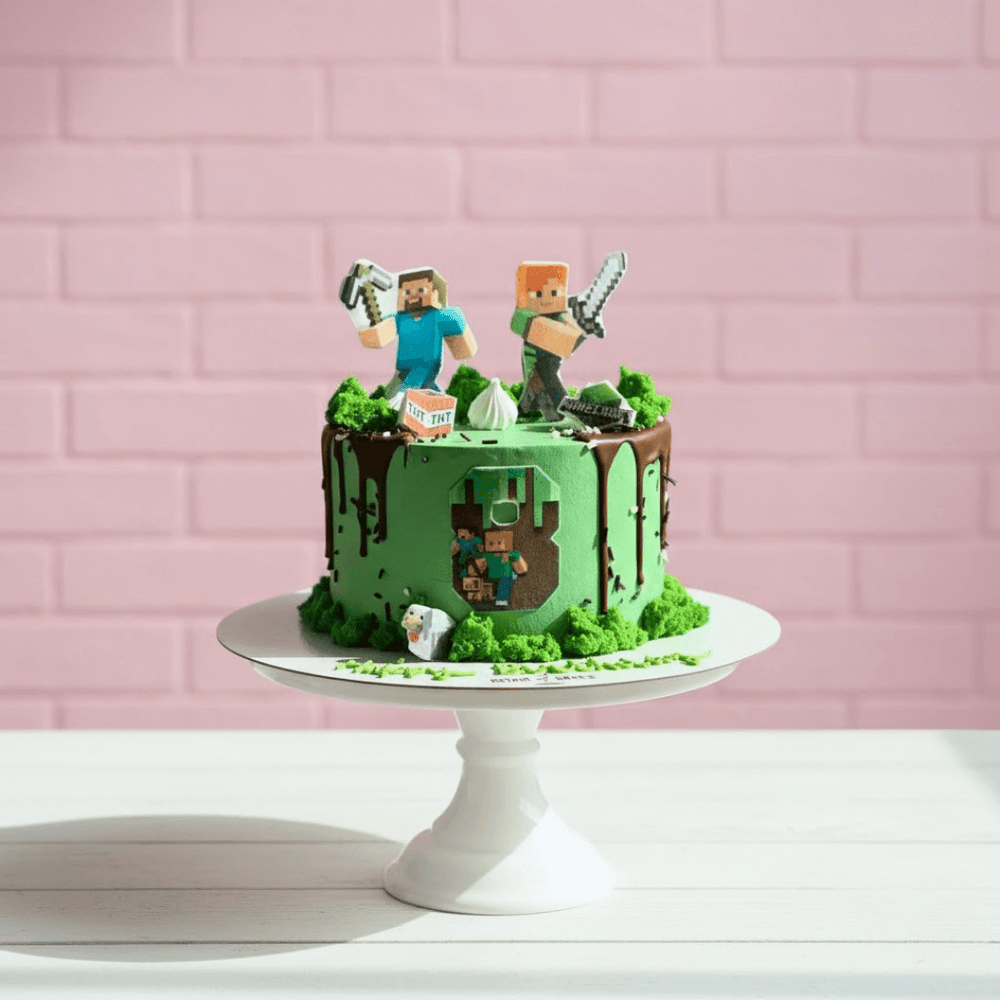 minecraft theme cake in green colour for kids birthday celebrations