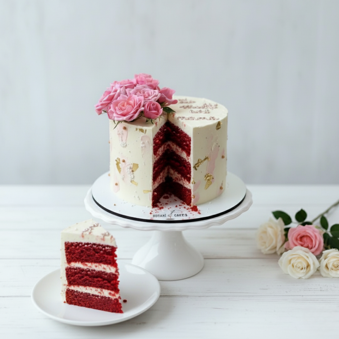 mini white cake with flowers on top and red velvet flavor for birthdays and anniversaries