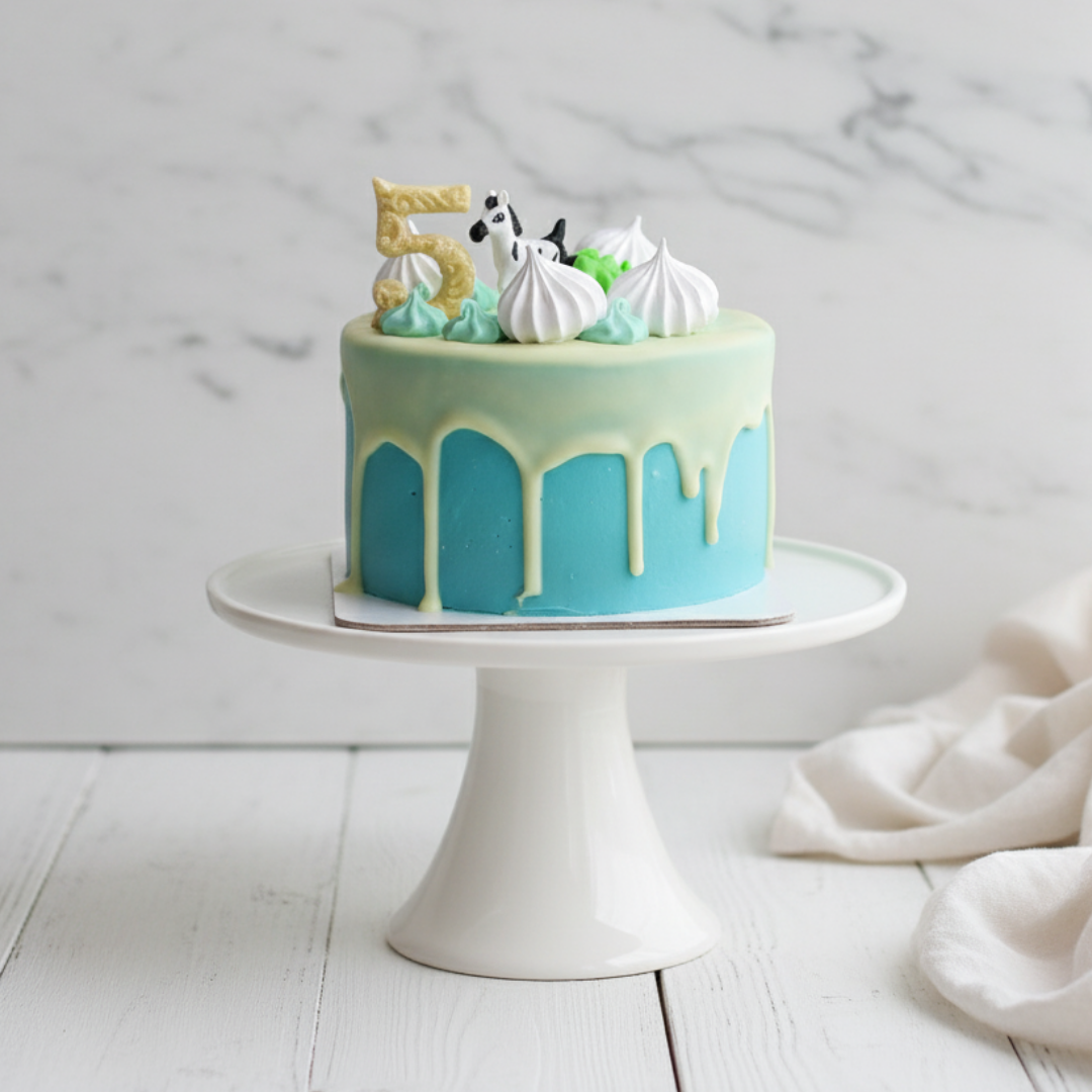 Teal cake with white decorations on a white stand against a marble background